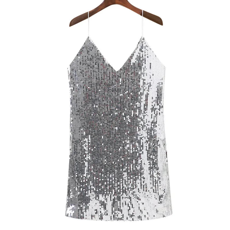 Deep V Neck Autumn Silver Sequined Backless Sexy Dress Women Off Shoulder Mini  Christmas Party Club  Vestidos