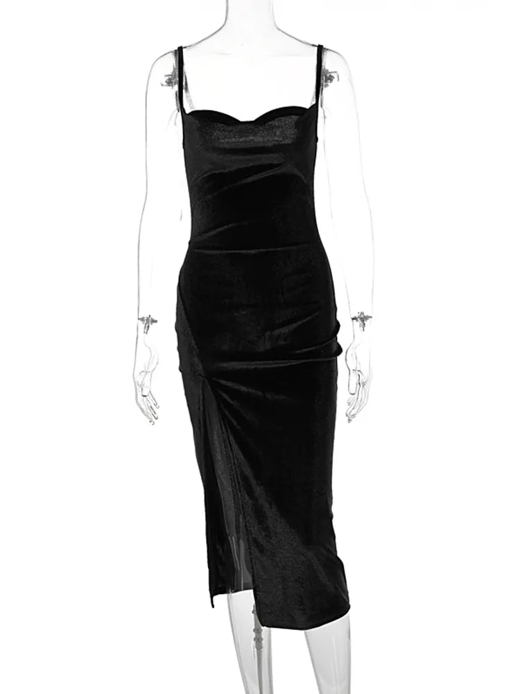 Hugcitar Velvet Swing Collar Sleeveless Slip Sexy Slit Maxi Dress 2023 New Fashion Evening Party Women Elegant Streetwear Y2K