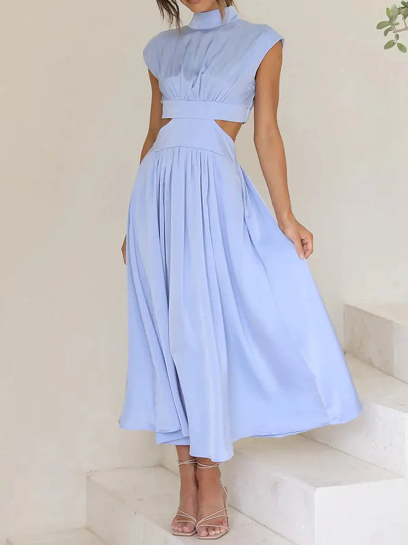 New Women Summer Casual Long Dress Solid Color Stand Collar Waist Hollow-Out Sleeveless Dress Beach Holiday Loose Dress S-XL